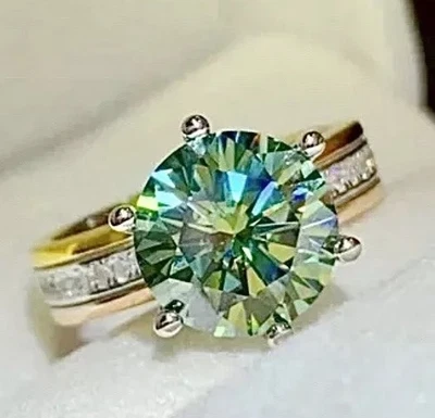 Diamond Ring Moissanite 3 Ct Brilliant cut Green 14k SILVER Bridal  925 ring P - Image 1 of 4