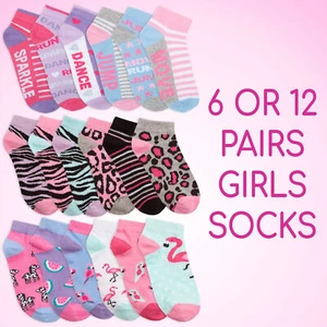 6 or 12 Pairs Girls Trainer Liner Ankle Socks Novelty Cotton Rich Design School - Picture 1 of 19