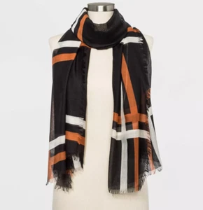 A New Day Women's Plaid Scarf 74"x32" Black with Grey and Orange stripes - Picture 1 of 2