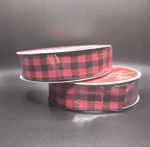 Red Black Buffalo Check Plaid 2 Pack Wired Ribbon 7/8" x 24' Christmas Holiday - Picture 1 of 4