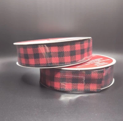 Red Black Buffalo Check Plaid 2 Pack Wired Ribbon 7/8" x 24' Christmas Holiday - Image 1 of 4