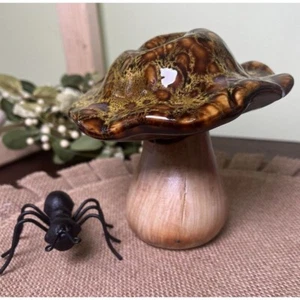Whimsical Yellow Brown Glaze Top Ceramic Mushroom Garden Pottery 6" U27 - Picture 1 of 6