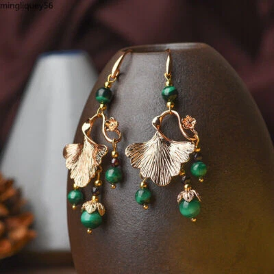 China Malachite Gild Flower Tassels Tibetan Style Exquisite Earbob Earrings - Image 1 of 4