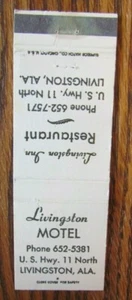 LIVINGSTON, ALABAMA STREICHHOLZSCHACHTELHÜLLE: LIVINGSTON MOTEL 1960er MATCHCOVER -E - Bild 1 von 2