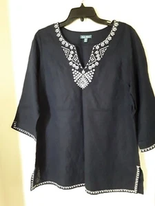 Fleur Bleve Navy Embroidered Blouse Top 3/4 Sleeve Size M - Picture 1 of 3