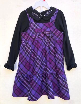 Wonder Kids 4T Jersey a Cuadros + Camisa Bordada Manga Larga Púrpura Conjunto de Vestido de 2 piezas Foto 1 de 4