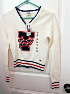 Nuevo De Colección Y2K Tommy Hilfiger Jeans Suéter Cuello en V Pullover Marfil Para Mujer Pequeño - Imagen 1 de 8