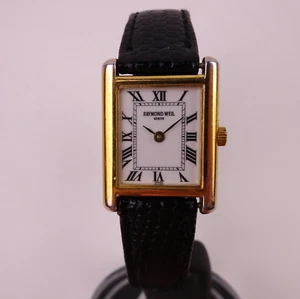 Raymond Weil 5766/2 Tank Watch Gold Plated Black Leather Strap Ladies - Picture 1 of 22
