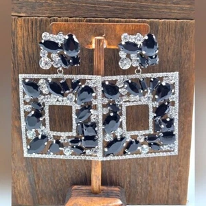 Modern Black Rhinestone Statement Earrings Pierced Formal Pageant Clear Silver - Picture 1 of 7