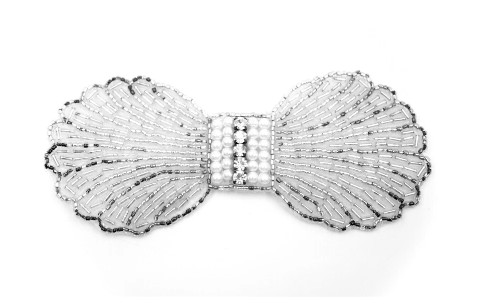 Apliques de lazo con cuentas, cuentas plateadas/blancas/grises, perlas de imitación, cristales, coser, 5"x2,3" Foto 1 de 2