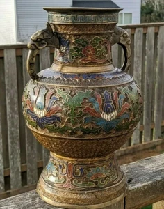 Jarrón japonés raro de bronce y champlevé esmaltado siglo XIX período Meji - detallado  - Imagen 1 de 6