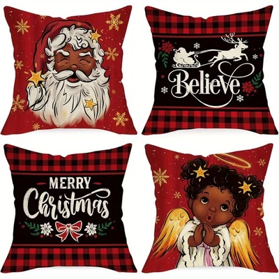 Funda de almohada de felpa con ángulo navideño afroamericano 4 piezas funda de cojín regalo Foto 1 de 4