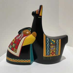 Salas Peruanas Arte Popular Cerámica Mujer + Llama Colorida Estatuilla - Imagen 1 de 9