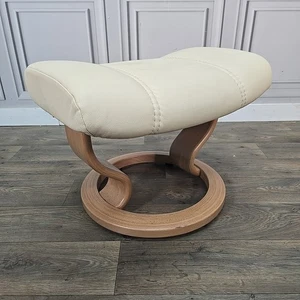 Retro Ekornes Stressless Footstool Cream Beech Wood Circular Base Leather Vinyl - Picture 1 of 24