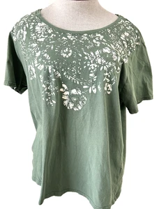 Caribbean Joe knit top size Xl short sleeve green floral pullover cotton - Picture 1 of 5