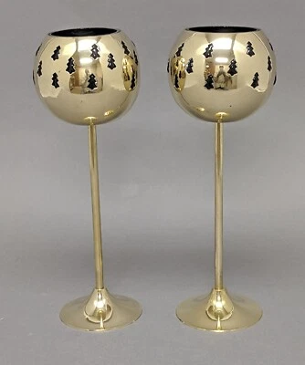 Votive Candle Holder Brass Green Glass Liner Tree Cutouts 4"D 11"High Set/2 - Image 1 of 4