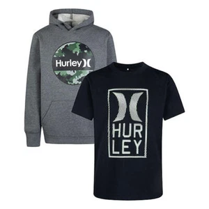NWT Boys' Hurley 2-Piece Fleece Lined Hoodie & T-Shirt Set Black/Grey Size 7/8 - Picture 1 of 11
