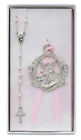 Pink Ribbon Crib Medal With Guardian Angel Baby Girl and 10 Inch Pearl Rosary