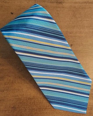 Brooks Brothers Makers Stripe Tie Teal Blues Yellow Spring Summer Silk Cotton 4" - Image 1 of 4