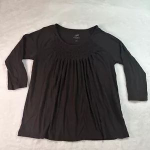 J Jill Womens Shirt Blouse Size Small Diamond Smocked Tee Brown Boat Neck - Picture 1 of 16