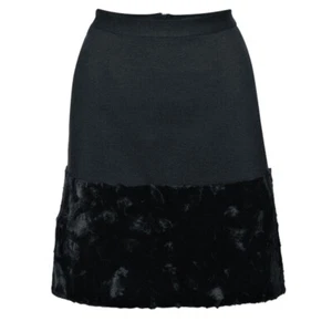 French Connection Black Pony Patch Contrast A-Line Mini Skirt Faux Fur Trim SZ 2 - Picture 1 of 7