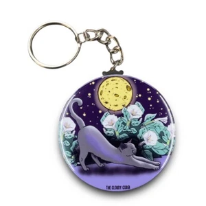 Black Cat Moonflower Keychain Handmade Retro Pet Portrait Art Gift Accessory - Picture 1 of 11