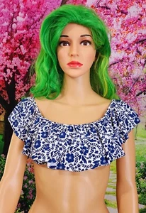 Kensie swim M Ruffled off shoulder Bandeau top M. Blue, white red floral. - Picture 1 of 5