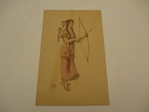 Antique 1907 Postcard Native American Indian Woman in Pink Dress Bow Arrow - Picture 1 of 3