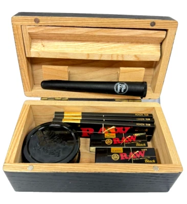 WISE SKIES Black Rolling Box Gift Set RAW Rolling Papers Cone Holder Grinder Tips Set