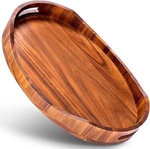 Acacia Wood Serving Tray with Handles Decorative Ottoman Platter for Breakfast - Picture 1 of 12