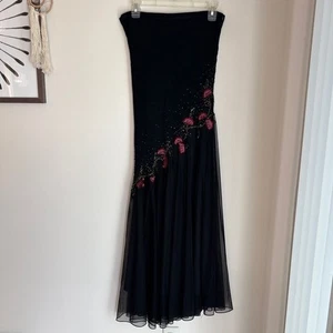 Vintage 90s Xscape 100% silk beaded embroidered Elegant Black Strapless Dress 10 - Picture 1 of 11