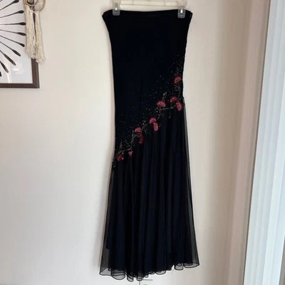 Elegante Vestido Negro Sin Tirantes Vintage Años 90 Xscape 100% Seda Bordado con Cuentas 10 Foto 1 de 4