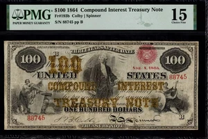 $100 1864 Compound Interest Treasury Note Fr.193b PMG Ch Fine 15 - Picture 1 of 2