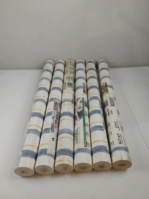 6 ROLLS Vtg Imperial BLUE WHITE Gold STRIPE WALLPAPER Classic Style Design - Image 1 of 4