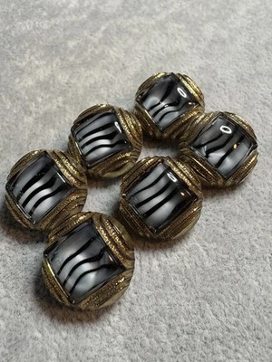 6 botones vintage de vidrio Moonglow a rayas blancas y negras con brillo dorado ~ 1/2" Foto 1 de 4