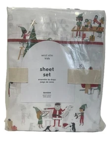 NEW! West Elm Kids/Pottery Barn Santa's Workshop 100% Cotton Sheet Set QUEEN nWT - Picture 1 of 7