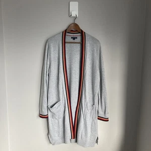 Preppy Jumper Cardigan Tommy Hilfiger Longline Womens Large Grey Knit Pockets - Picture 1 of 7