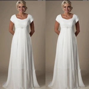 Wedding Dresses Short Sleeves Square Neck Lace Appliques A Line Bridal Ball Gown - Picture 1 of 9