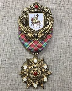 Steampunk brooch/Airship Medal- Knight, Star, Wings, Plaid Ribbon, Red Crystal