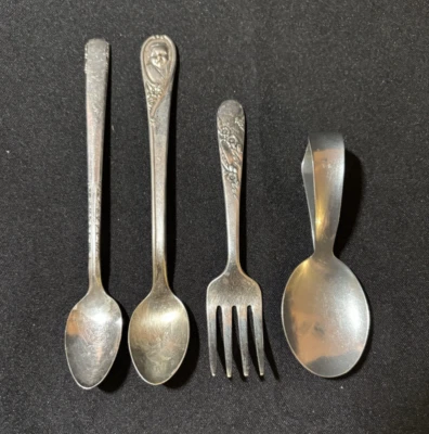 Juego de 4 cucharas tenedor vintage plateadas Oneida Gerber cubiertos niños bebés pequeños Foto 1 de 4