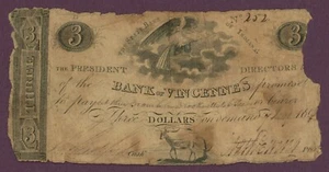 Banconota obsoleta da $3 1819 Bank of Vincennes, Vincennes, Indiana n.252 (60882) - Foto 1 di 2