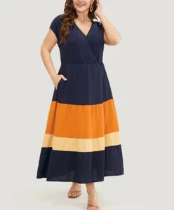 Bloomchic Colorblock Contrast Pocket Wrap Flutter Tiered Tank Dress 12 LARGE - Picture 1 of 5