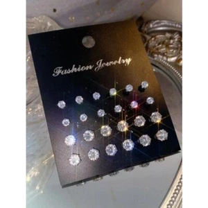 New 12 Pairs Round Cubic Zirconia CZ Stud Silver Earrings Different Sizes Men - Picture 1 of 3