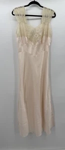 Vintage Lingerie Bias Cut Pink Nightgown Size 36 Rayon Satin Beige Lace V-back - Picture 1 of 16
