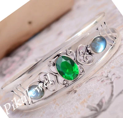 Chromdiopsid & Labradorit Edelstein 925 Sterling Silber Manschette Armreif Fo... - Bild 1 von 4