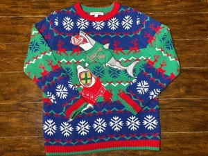 Shark Ugly Holiday Sweater Knit Large Multicolor Christmas Long Sleeve  - Picture 1 of 8