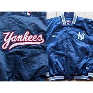 NY Yankees 90s STARTER satinado bombardero Diamante chaqueta roja SCRIPT XL azul marino MLB de colección - Imagen 1 de 9