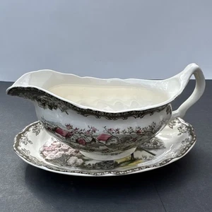 Johnson Brothers Friendly Village “The Old Mill” Gravy Boat with Attached Tray - Picture 1 of 12