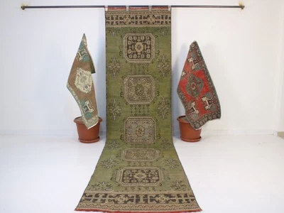 Vintage Hand Knotted Long Runner Rug Green Brown Traditional Tribal 3x11 ft - image 1 of 4
