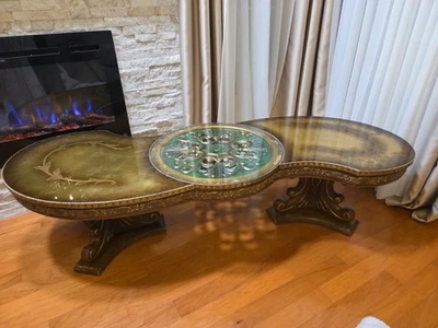 Magnificent Rare Find 1970 Kidney French Hand Painted Gilt Coffee Table 64 Inch - Image 1 of 4